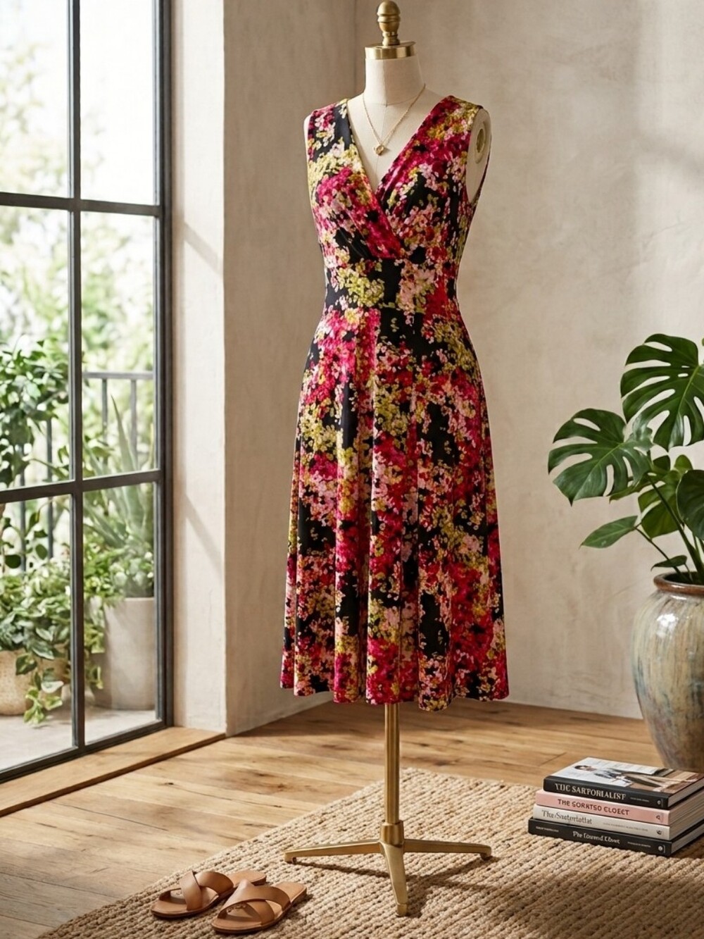 East 5th Petite Floral V-neck Sleeveless Fit and Flare Feminine Midi Dress